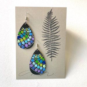 Blue, Green, Black & White Handpainted Earrings